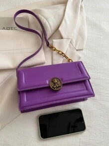 Fashionable Solid Color Vintage Metal Lock Design Shoulder Bag With Simple Flap For Women - Purple - View 7