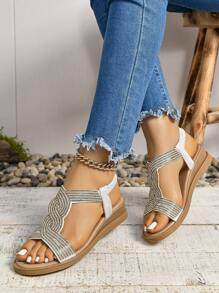 女性新款夏季時尚彈性帶楔形跟鑲有鑽石的舒適羅馬涼鞋 - 銀色 - 查看 6