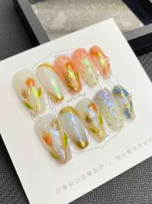 1對鍍金手繪鬱金香3D美甲貼，可拆式中長美甲貼，春天的指尖自由貼式美甲用品 - 彩色 - 查看 3