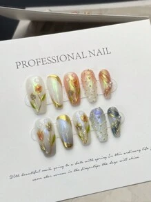 1對鍍金手繪鬱金香3D美甲貼，可拆式中長美甲貼，春天的指尖自由貼式美甲用品 - 彩色 - 查看 6