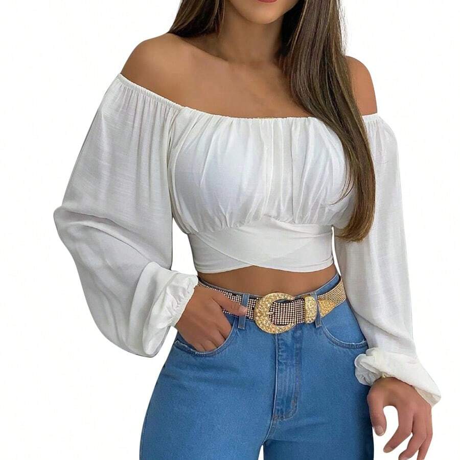 Top Blusas para mujer manga larga, blusas de moda elegantes blusas escotadas Blanco Negro, S, M, L, XL, XXL