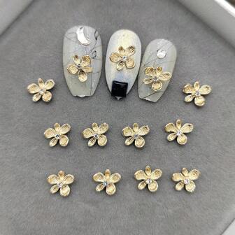 10Pcs Gold-Color Rhinestone & Alloy Small Flower Nail Art Decorations Diy Nail Charms Nail Gems Nail Supplies Nails