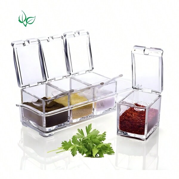Especiero Caja Para Condimentos Especies Sal 4 Recipientes Organizador Con Multiuso Para Cocina Set 4 Frascos Con Tapa Cucharilla Acrilico Rectangular Ahorrador De Espacio Practico Visible