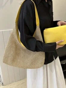 夏季草编单肩手提包，附赠小包，海滩必备品，夏季必备女士度假和节日包 - 黃色 - 查看 2