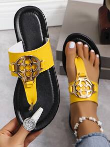 Women's Metal Decorated Casual And Stylish Flat Slippers With Soft Cushioning And Toe Separator - Yellow - View 3