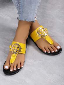 Women's Metal Decorated Casual And Stylish Flat Slippers With Soft Cushioning And Toe Separator - Yellow - View 7
