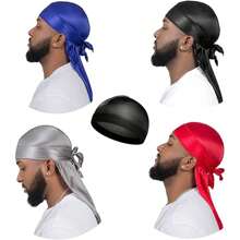 4pcs Men's Durag Cap With 2 Straps, Silky Comfortable Outdoor Breathable Casual Pirate Cap + 1pc Men's Wave Cap, Sporty Breathable Elastic Head Cap For Outdoor Activities Pirate Hat Pirate Costume