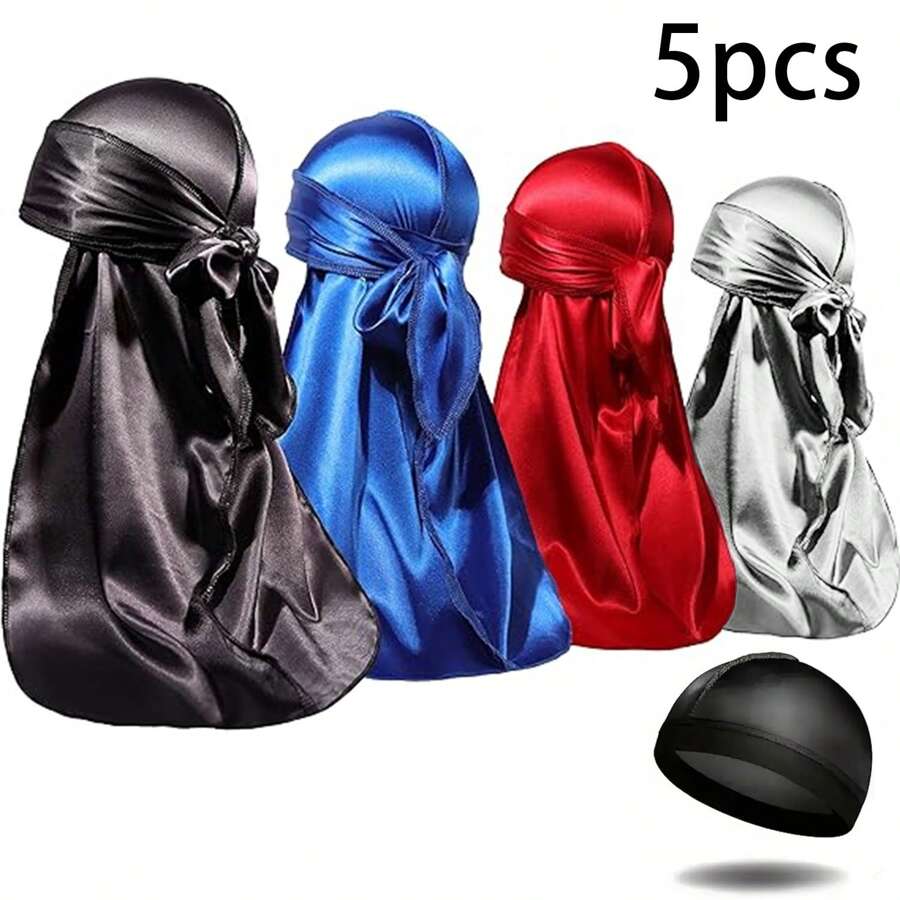 4pcs Men's Durag Cap With 2 Straps, Silky Comfortable Outdoor Breathable Casual Pirate Cap + 1pc Men's Wave Cap, Sporty Breathable Elastic Head Cap For Outdoor Activities Pirate Hat Pirate Costume