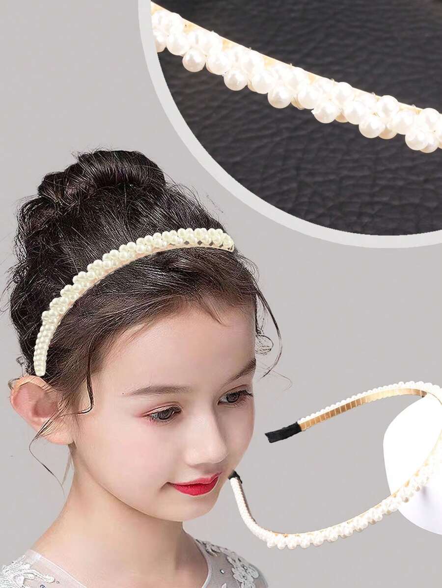 1pc Cute Kids' Pearl Headband For Elegant, All-Match Simple Hair Accessories - Beige - View 1