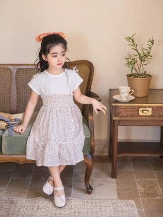 女童露肩荷葉邊短袖休閒裙，春夏款