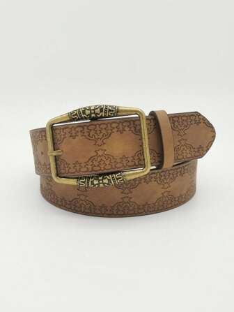 1pc Unisex Retro Cowboy Buckle Printed Belt, Suitable For Decorating Pants, Brown Leather