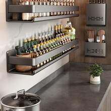 1pc Gunmetal Gray Kitchen Rack, Wall Mounted Seasoning Storage, No Drill Spice Rack Organizer For Home - Gun Gray - View 3