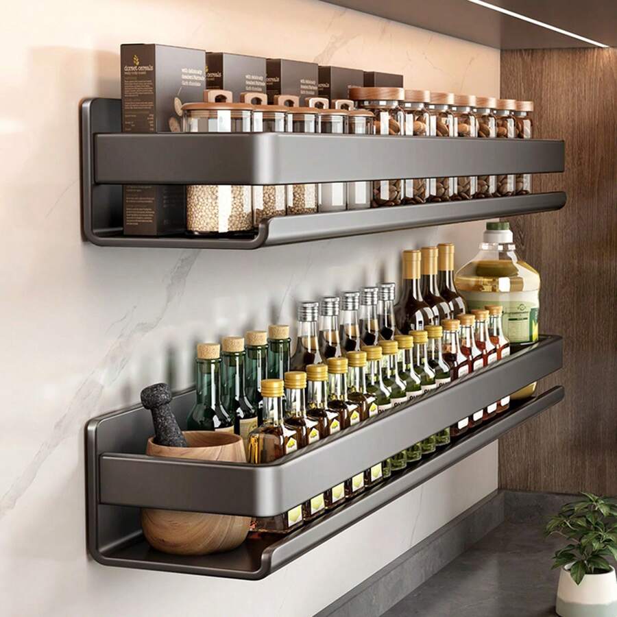 1pc Gunmetal Gray Kitchen Rack, Wall Mounted Seasoning Storage, No Drill Spice Rack Organizer For Home - Gun Gray - View 1