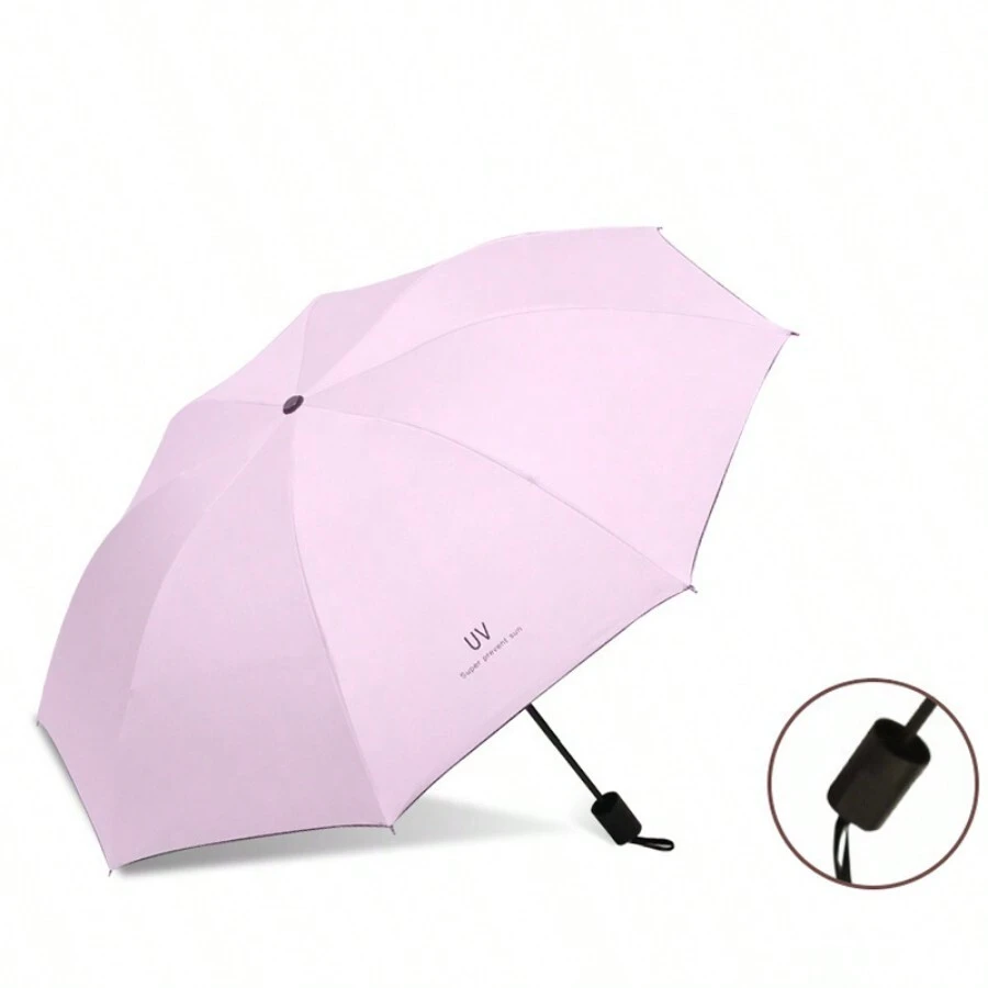 1pc Of 8-Rib Manual Umbrella, Triple-Folded With Thick Black Vinyl For Sun Protection And Travel - Pink - View 1