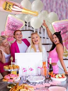 2/4pcs Happy Birthday Champagne Bottle And Pink High Heel Wine Glass Aluminum Foil Balloons, Suitable For Single Ladies, Birthday Parties, Anniversaries, Engagement Bride Gifts Decoration Supplies,Christmas