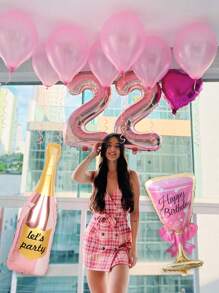 2/4pcs Happy Birthday Champagne Bottle And Pink High Heel Wine Glass Aluminum Foil Balloons, Suitable For Single Ladies, Birthday Parties, Anniversaries, Engagement Bride Gifts Decoration Supplies,Christmas