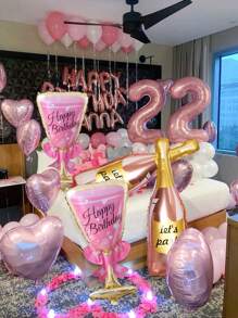 2/4pcs Happy Birthday Champagne Bottle And Pink High Heel Wine Glass Aluminum Foil Balloons, Suitable For Single Ladies, Birthday Parties, Anniversaries, Engagement Bride Gifts Decoration Supplies,Christmas
