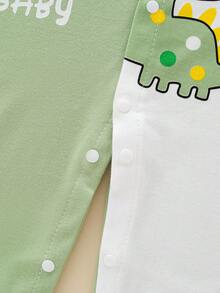 Baby Boy Dinosaur Slogan Print Color Block Long Sleeve Romper