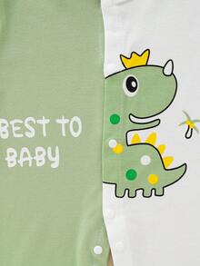 Baby Boy Dinosaur Slogan Print Color Block Long Sleeve Romper