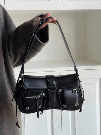 Y2k Style Motorcycle Underarm Shoulder Bag,Casual Multicompartment Cool Bag For Girls,Suitable For Students,Commuting,Parties,Traveling And Gifting, Perfect For Music Festival, 2000s Fashion Style Bag For Women