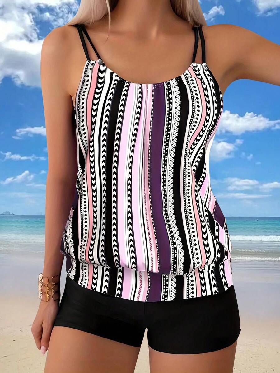 Striped & Polka Dot Printed Vest Top With High Elastic Shorts 2pcs Tankini Set Summer - Purple - View 1
