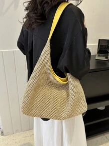 夏季草编单肩手提包，附赠小包，海滩必备品，夏季必备女士度假和节日包 - 黃色 - 查看 3