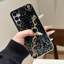 1 pieza Funda de teléfono con dije en forma de corazón DIY con brillo estrellado y cordón compatible con Apple//Oppo/ - Negro - Ver 10