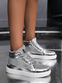 (Size Runs Small) Metal Sequin Casual Performance High Top Sneakers, Fashion Front Lace Up Personalized Dance Shoes, Comfortable Couple Sports Shoes - Silver - View 4