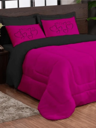 Kit Edredom Dupla Face Estampado Coração 03 Peças Casal