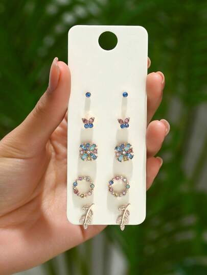 5 Pares/set De Reemplazo De Estilos De Diamantes De Imitación Elegantes Y De Moda, Set De Anillos De Mariposa Y Pendientes De Hojas De Aleación De Colores Sustituibles Accesorios Diarios De Joyería Festiva, Exquisitos Regalos De Aniversario