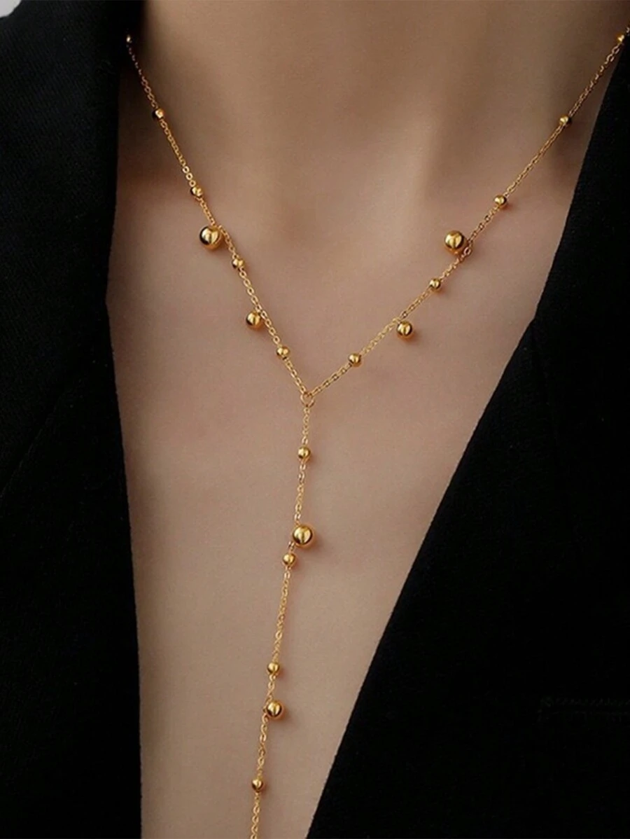 1pc Simple & Elegant Tassel Pendant Necklace With Bead Decoration, Suitable For Women's Daily Wear - Yellow Gold - View 1