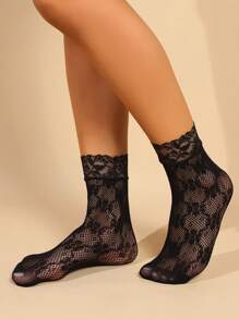 5pairs Women's Lace Flower Trimmed No Show Socks, Printed Mesh Socks, Sheer Ankle Socks, Long Tube Socks, And Socks - Black - View 7