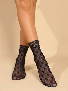 5pairs Women's Lace Flower Trimmed No Show Socks, Printed Mesh Socks, Sheer Ankle Socks, Long Tube Socks, And Socks - Black - View 5