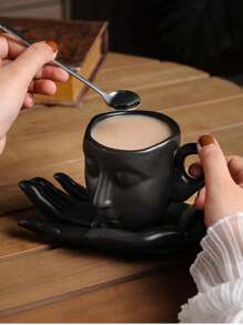 一套高溫陶瓷杯和碟套裝，創意抽象藝術杯和碟，適合日常使用，配有手持式咖啡杯和碟 - 彩色 - 查看 3