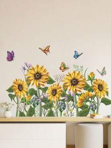 1set Sunflowers & Butterflies Pattern Self-Adhesive Wall Stickers, Home Wardrobe & Wall Decor - Multicolor - View 4