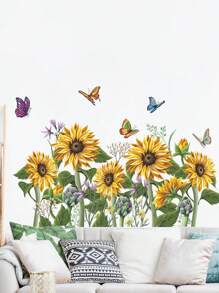 1set Sunflowers & Butterflies Pattern Self-Adhesive Wall Stickers, Home Wardrobe & Wall Decor - Multicolor - View 3