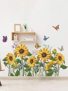 1set Sunflowers & Butterflies Pattern Self-Adhesive Wall Stickers, Home Wardrobe & Wall Decor - Multicolor - View 2
