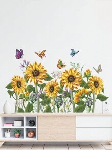 1set Sunflowers & Butterflies Pattern Self-Adhesive Wall Stickers, Home Wardrobe & Wall Decor - Multicolor - View 1