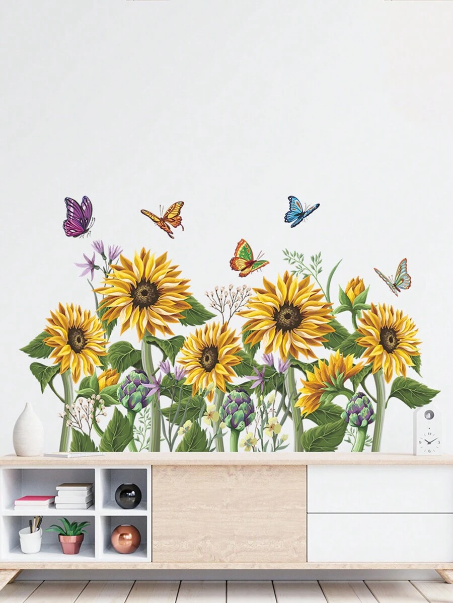 1set Sunflowers & Butterflies Pattern Self-Adhesive Wall Stickers, Home Wardrobe & Wall Decor - Multicolor - View 1