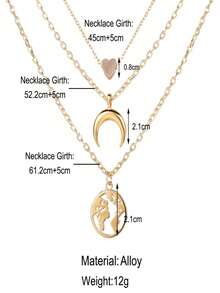 多層月球地圖和心形吊墜項鍊,時尚極簡合金鏈,適用於女性 - 金色 - 查看 4