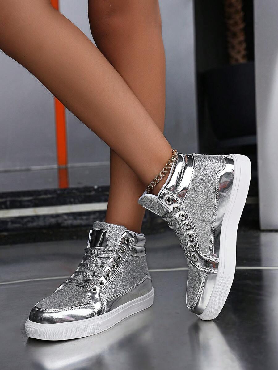 (Size Runs Small) Metal Sequin Casual Performance High Top Sneakers, Fashion Front Lace Up Personalized Dance Shoes, Comfortable Couple Sports Shoes - Silver - View 1