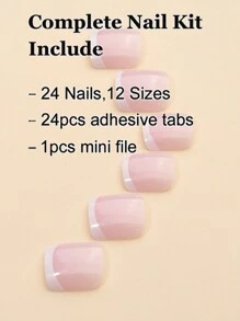 24 pièces Ongles pressés en blanc de style français simple et élégant pour les pieds, avec 1 pièce lime à ongles et 1 pièce colle en gel pour les ongles, fournitures de manucure