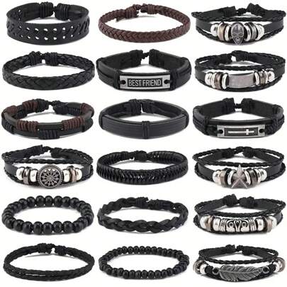 18 Pezzi Bracciale Retrò Street Hip-hop, Set Di Gioielli Punk In Stile Misto Braccialetto Accessori Uomo
