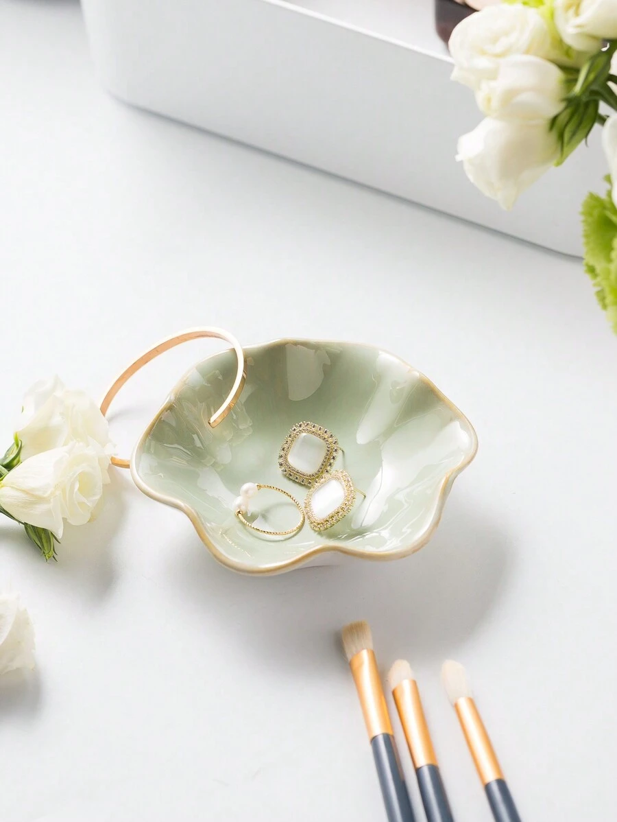 1pc Ceramic Jewelry Tray, Lotus Shaped Dish For Earrings, Necklace, Rings, Bracelets Storage, Green Back To School, Room Decor - White Light Green - View 1