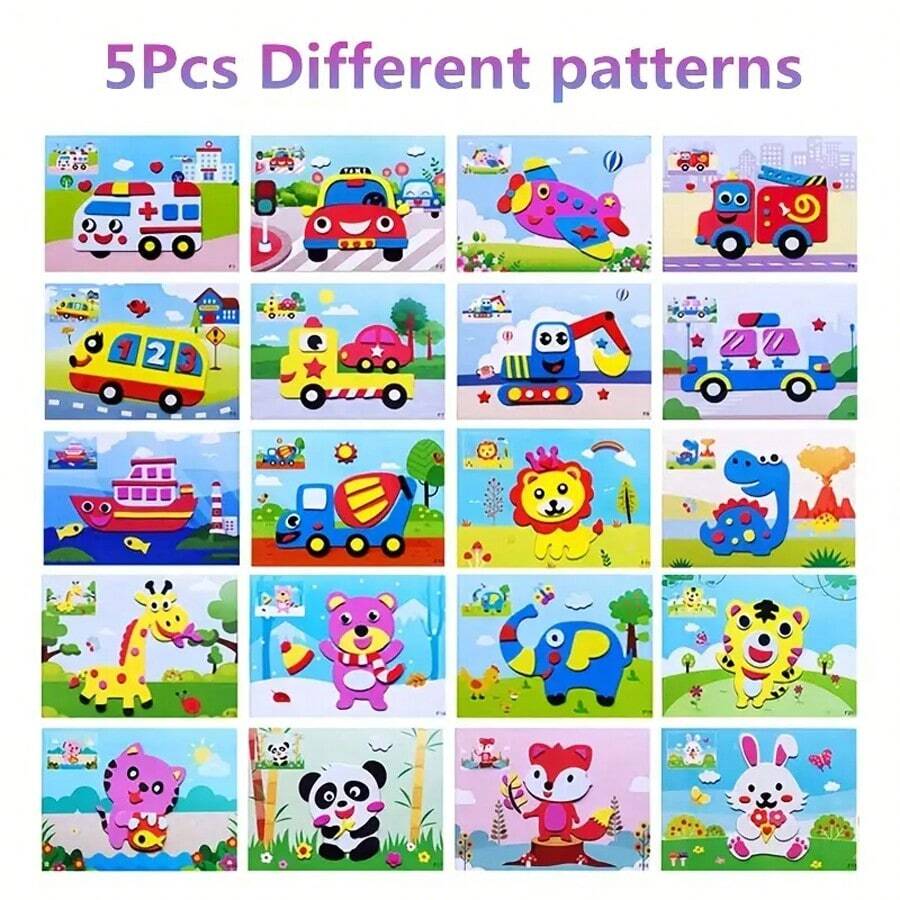 5pcs Layer By Layer Stickers For Children's Production Material Package, 3D Three-Dimensional Sponge Paper Stickers, Kindergarten Activity Handicrafts.Style Random - Multicolor - View 1