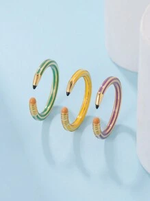 3pcs Unique Creative Enamel Colored Pencil Shaped Open Ring Set For Women, Suitable For Daily Wear, Gift For Classmates, Friends