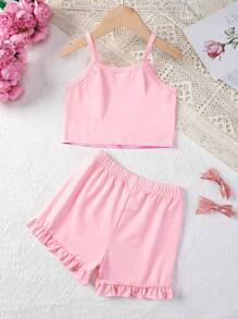 Young Girl Summer Cute 3D Printed Cat Patterned Cami & Shorts Pajama Set - Pink - View 2