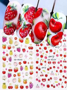 2入組5d指甲藝術膠片貼紙,夏日水果熱帶草莓、櫻桃、檸檬膠片貼紙,裝飾美甲贴士 - 彩色 - 查看 1