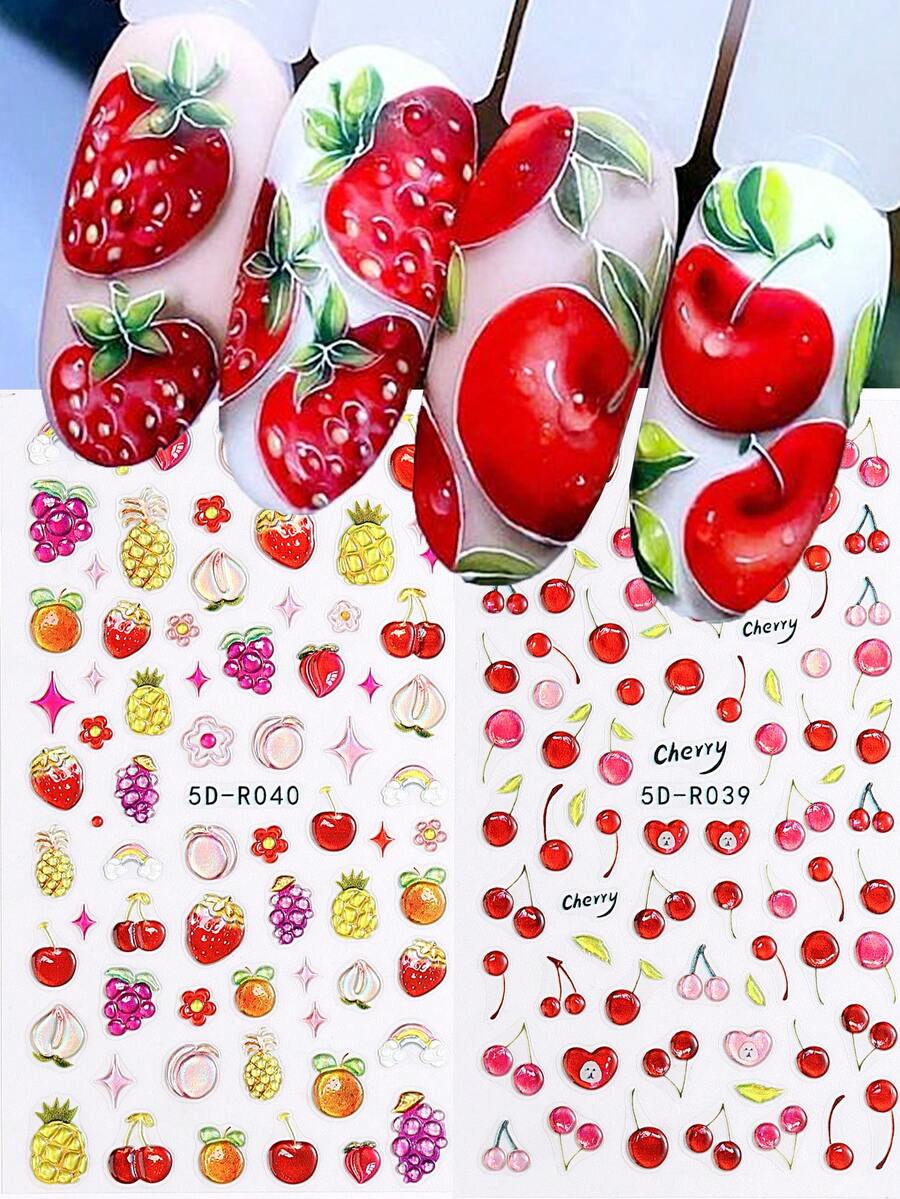 2入組5d指甲藝術膠片貼紙,夏日水果熱帶草莓、櫻桃、檸檬膠片貼紙,裝飾美甲贴士 - 彩色 - 查看 1