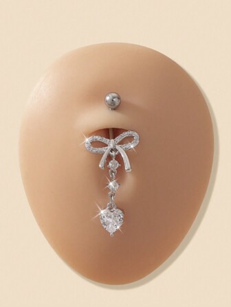 1 pieza Anillo de ombligo de acero inoxidable con cobre incrustado, colgante de corazón con strass y lazo estilo Y2K, para uso diario, regalo para amigos, color rosa, Día de San Valentín [La dirección del lazo puede variar debido al lote de producción]